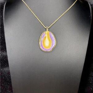 Jessica Simpson Gold Tone Purple & Yellow Agate Oval Pendant Necklace